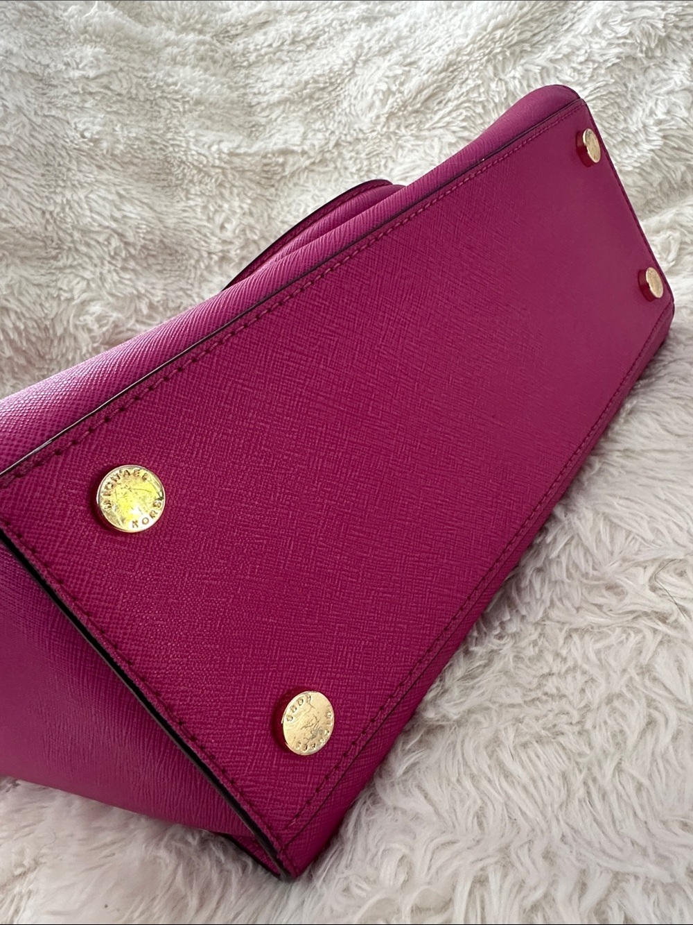 Michael Kors Magenta Studded Saffiano Leather Satchel - Picture 6 of 8